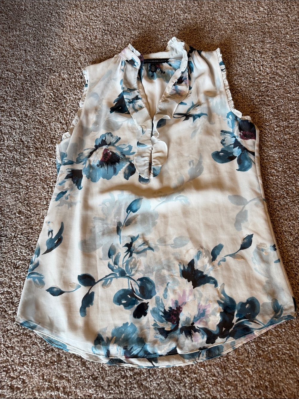 White House Black Market Cream Floral Ruffle V-Neck Camisole